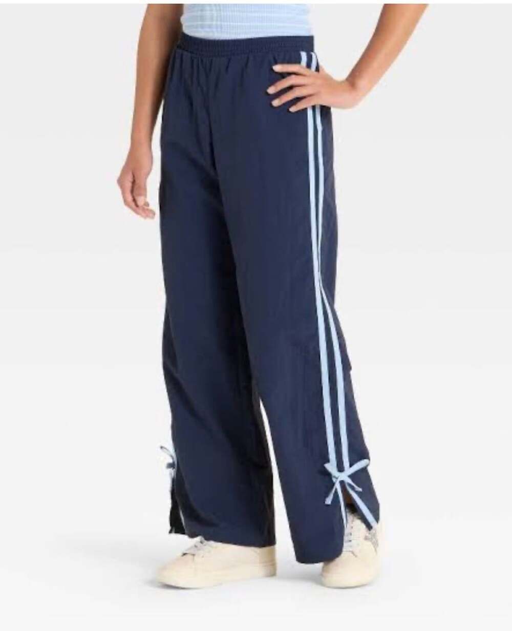 Art Class Navy Blue Striped Track Pants with Bow Ankle Details